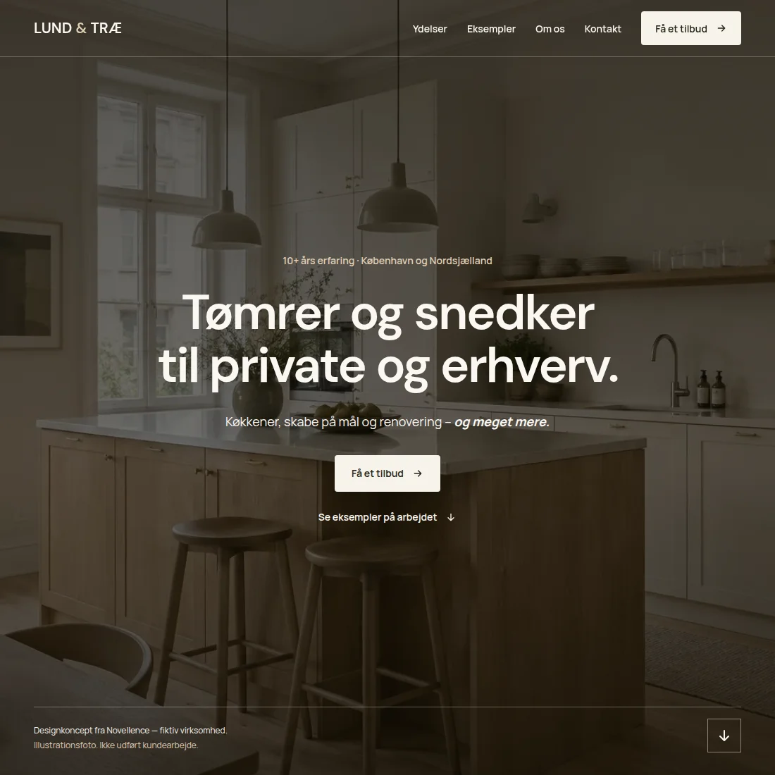 LUND & TRÆ: tømrerhjemmeside med køkkenfoto og tilbudsforespørgsel.